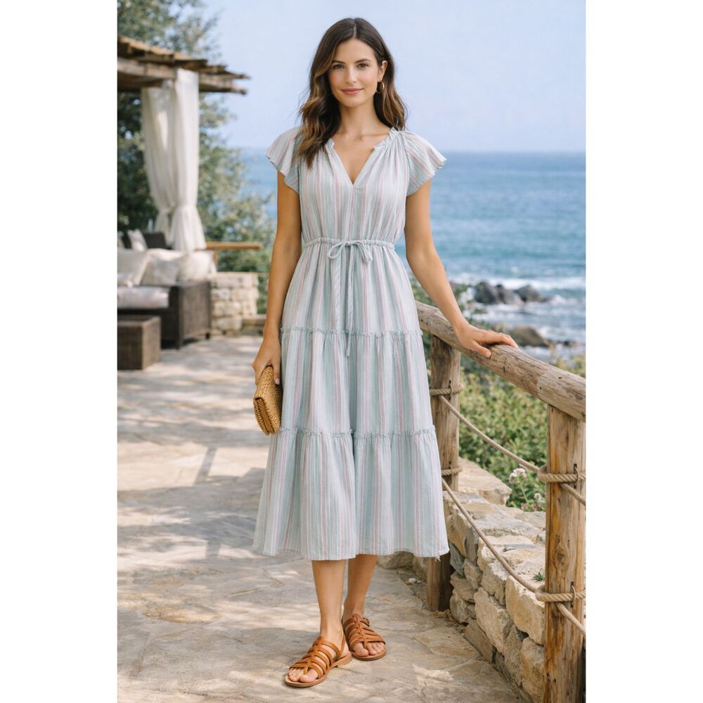 Rails Striped Tiered Midi Dress in White with Pastel Stripes
